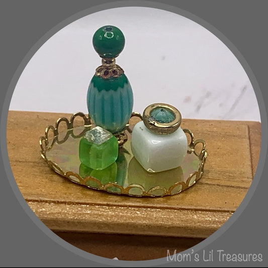 3 Perfume Bottle Set With Gold Tone Vanity Tray • Dollhouse Miniatures